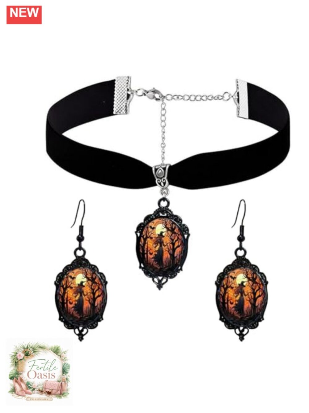 Gothic Witch Jewelry Set Black Velvet Choker Necklace with Earrings Halloween